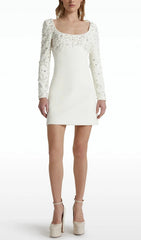 Ebe White Embellished Long Sleeve Mini Dress
