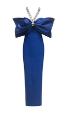 Elwilda Royal Blue Off-Shoulder Embellished Glamour Midi Dress