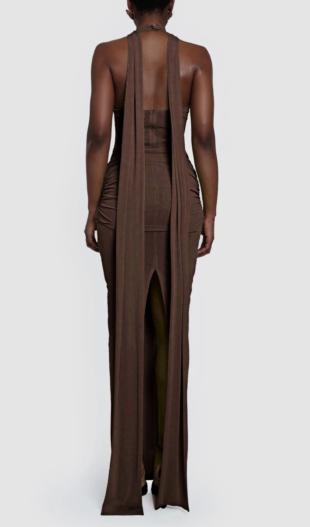 Guoda Luxe Coffee Brown Halter Maxi Dress with Chic Knot Detail