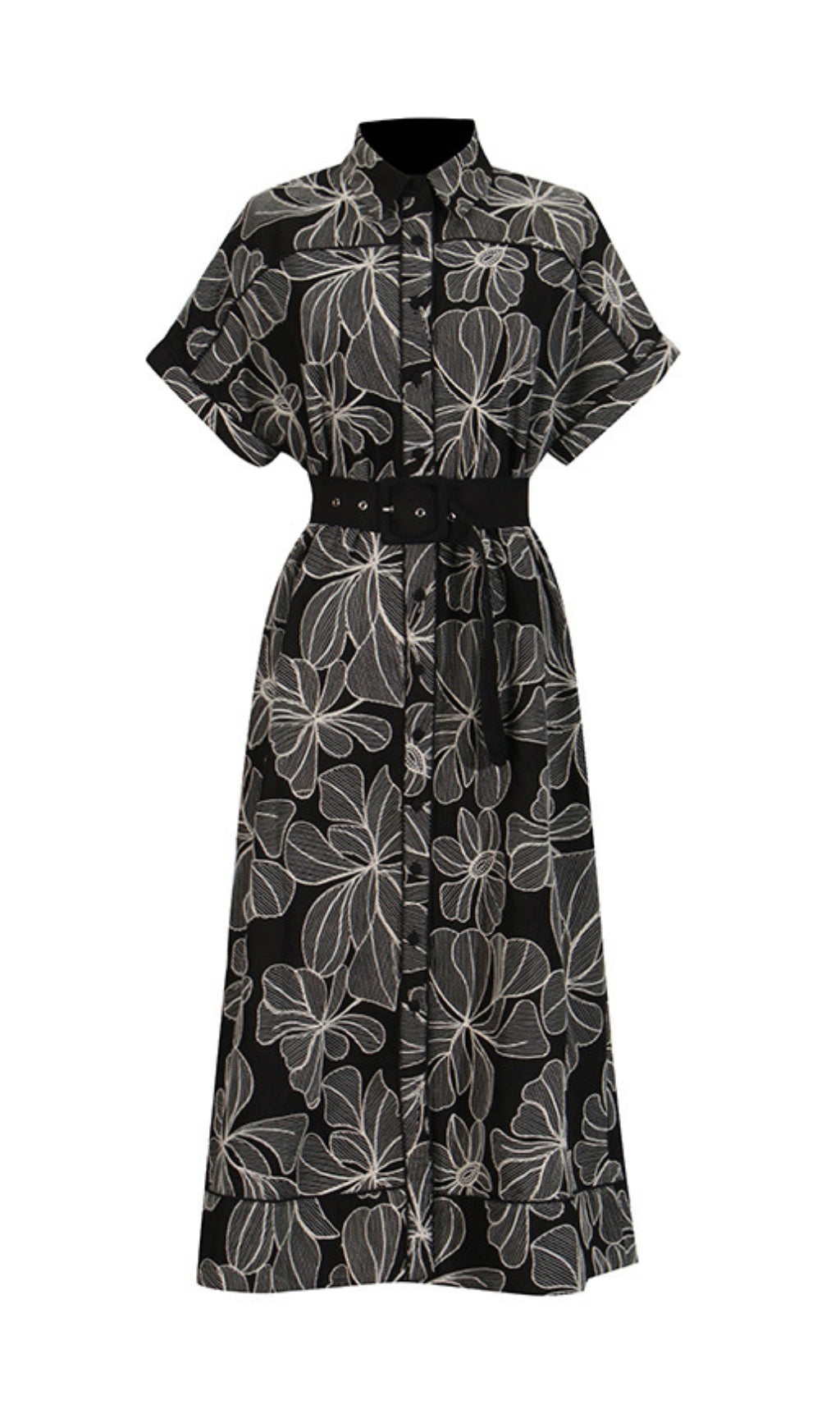 Davan Black & White Floral Belted Midi Shirtdress with Pockets