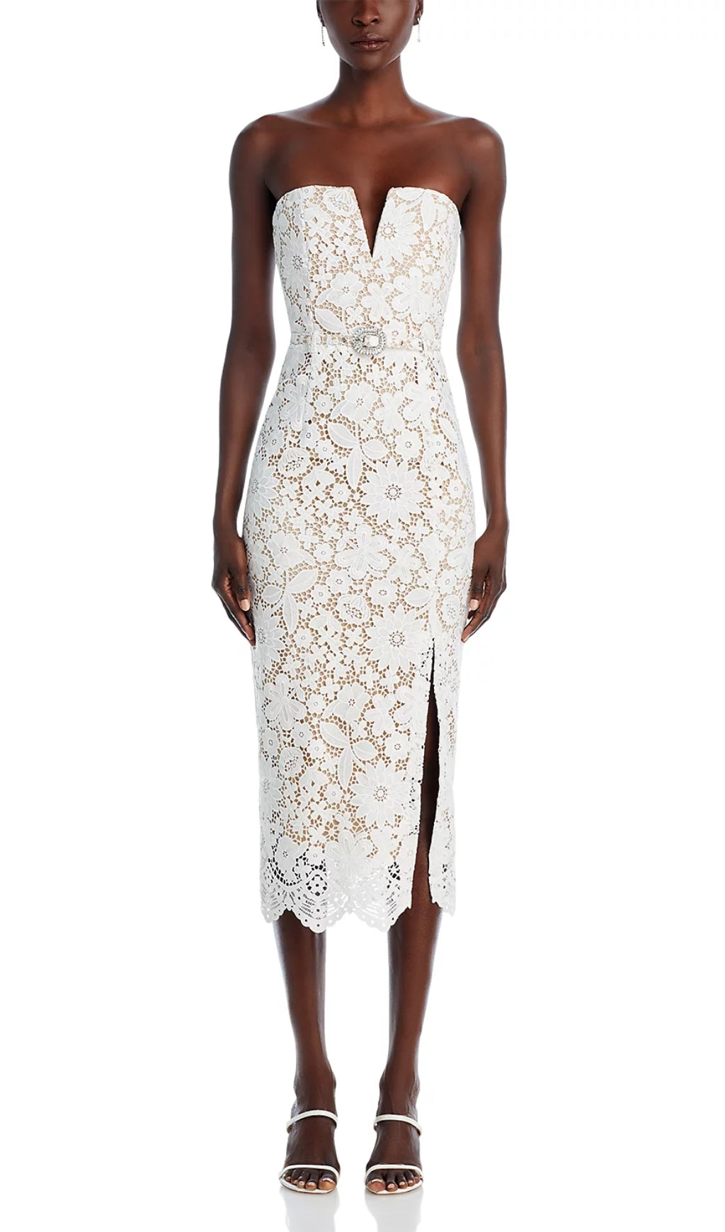 Charlotte White Floral Lace Strapless Midi Dress
