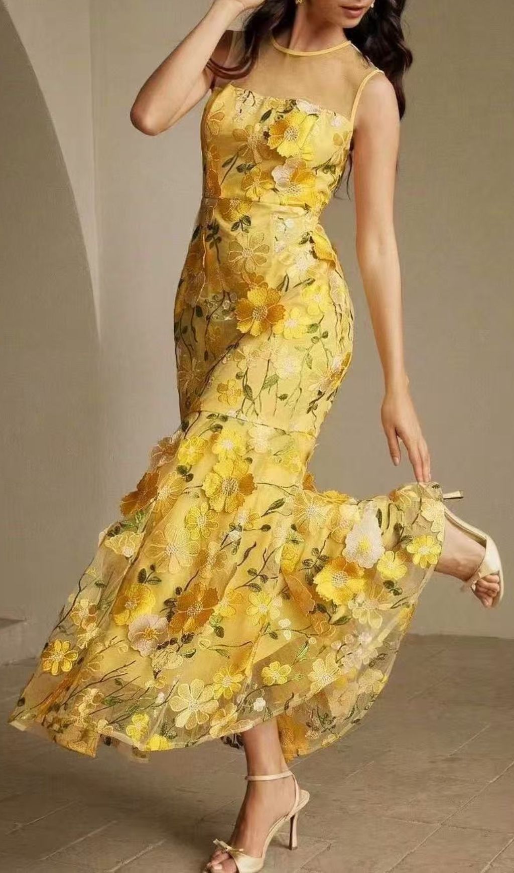 Hiraku Enchanted Yellow 3D Floral Embroidery Maxi Dress