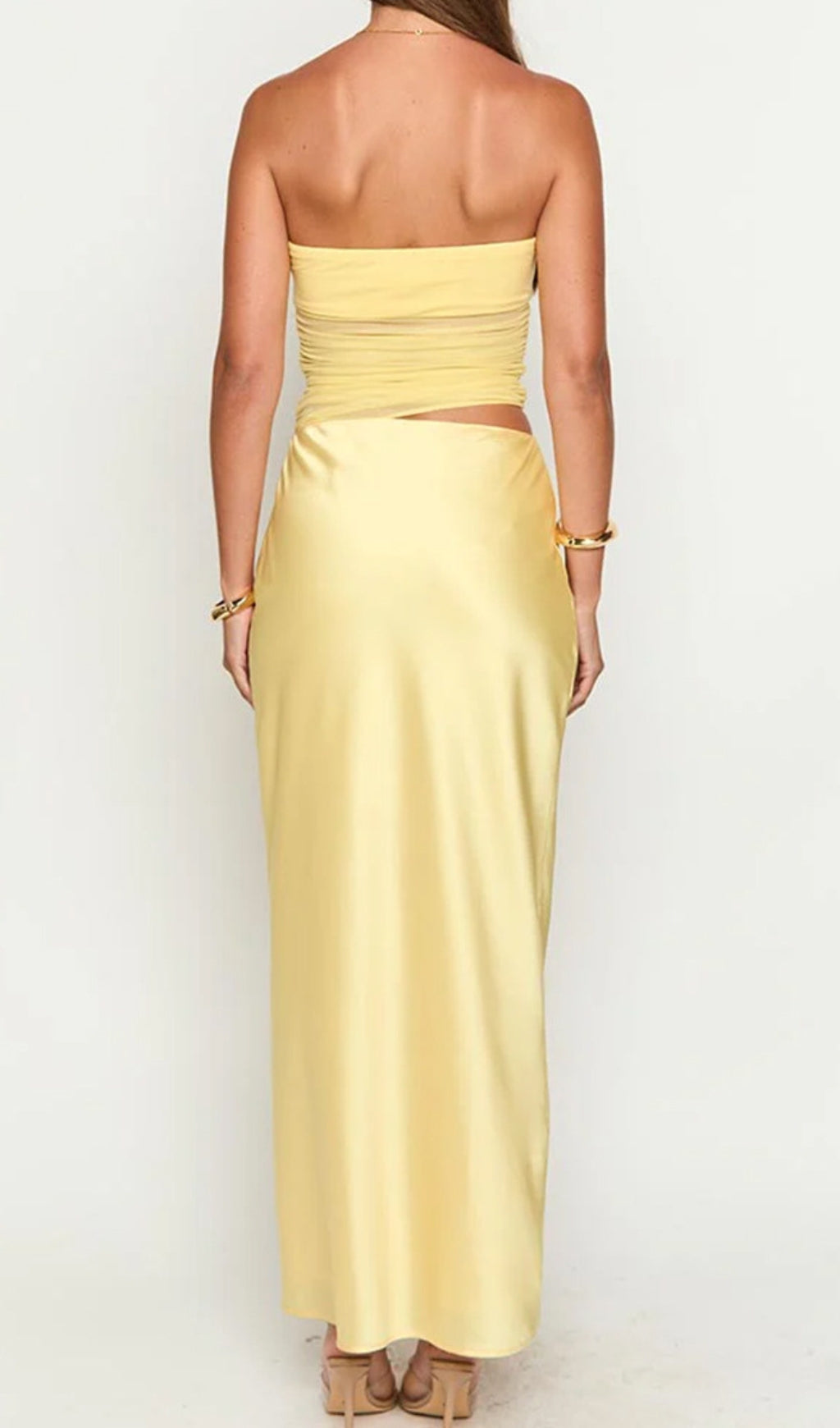 Devorit Yellow Strapless Ruched Mesh Cutout Maxi Dress