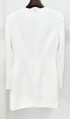 Chic White Long Sleeve Mini Dress with Black Floral Embellishment