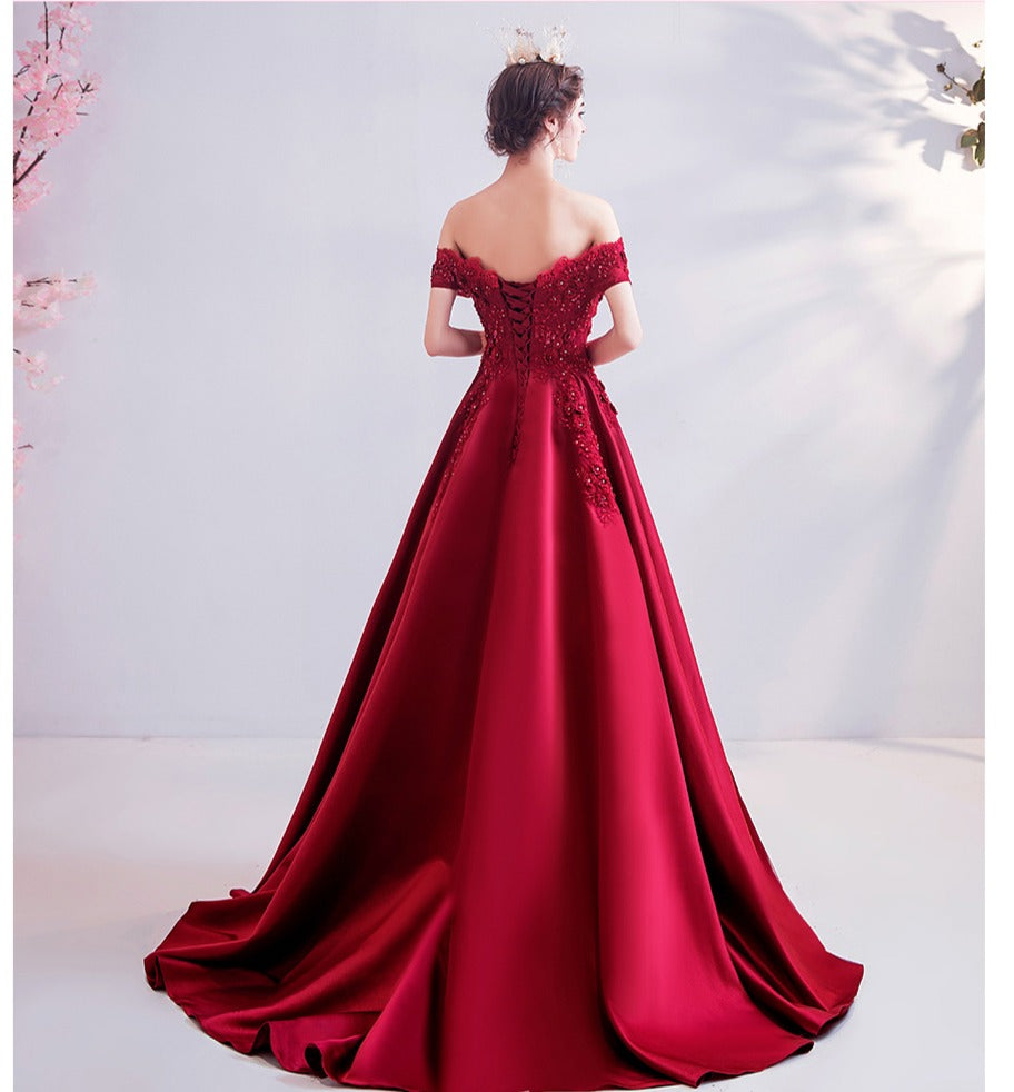 Wine Red Beaded and Lace Off Shoulder Long Party Dress