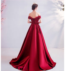Wine Red Beaded and Lace Off Shoulder Long Party Dress