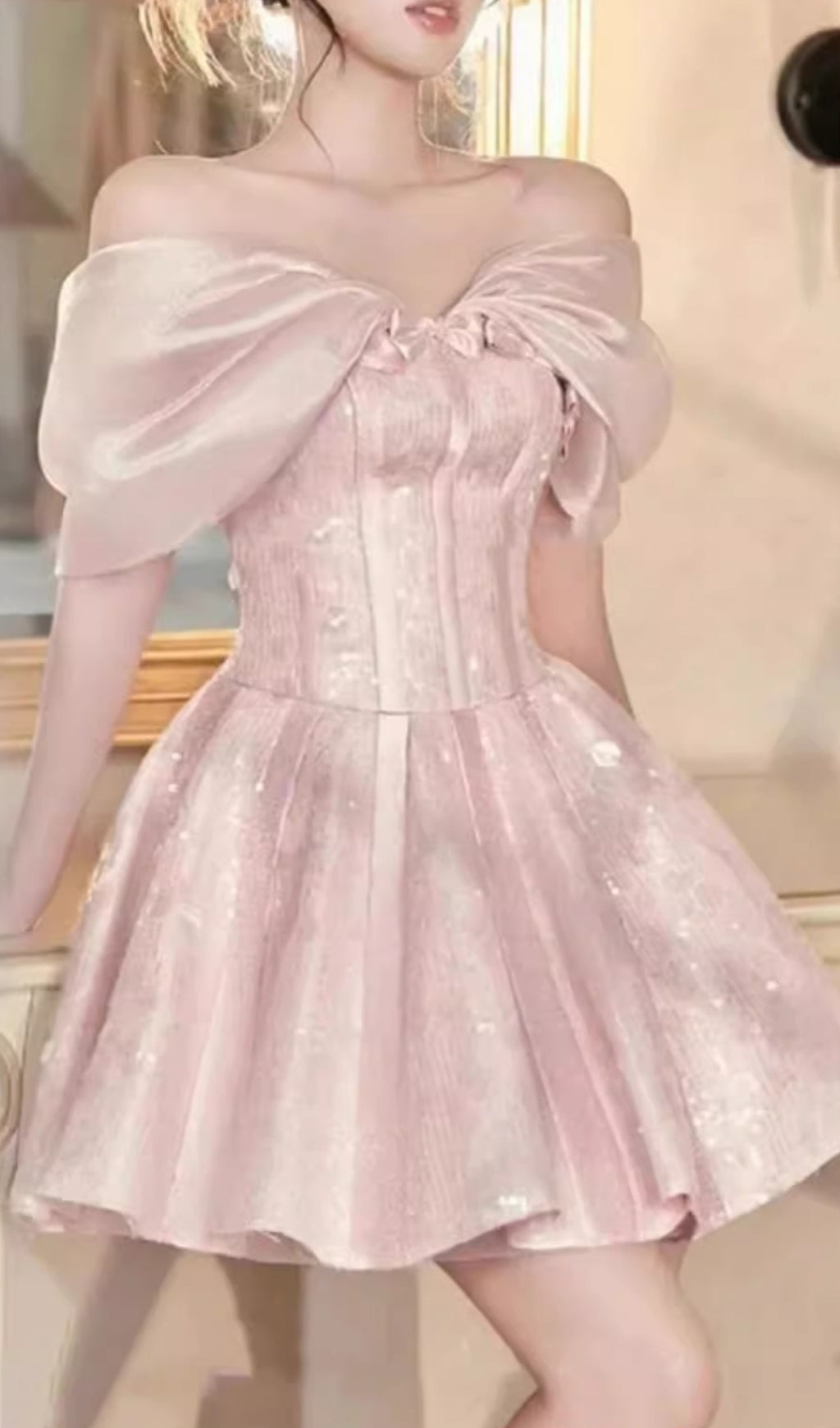 Baroness Pink Shimmer Off-Shoulder Corset Mini Dress