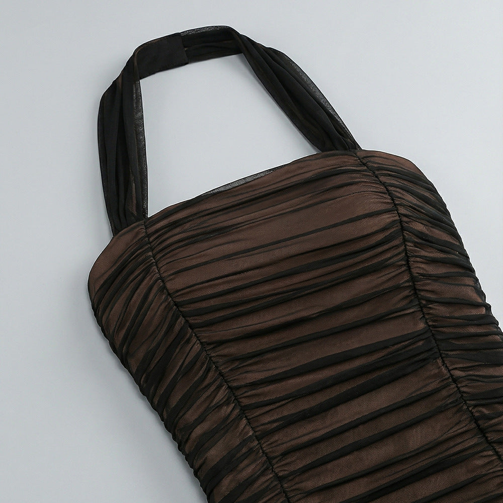 Jadzia Black Halter Ruched Mesh Maxi Dress