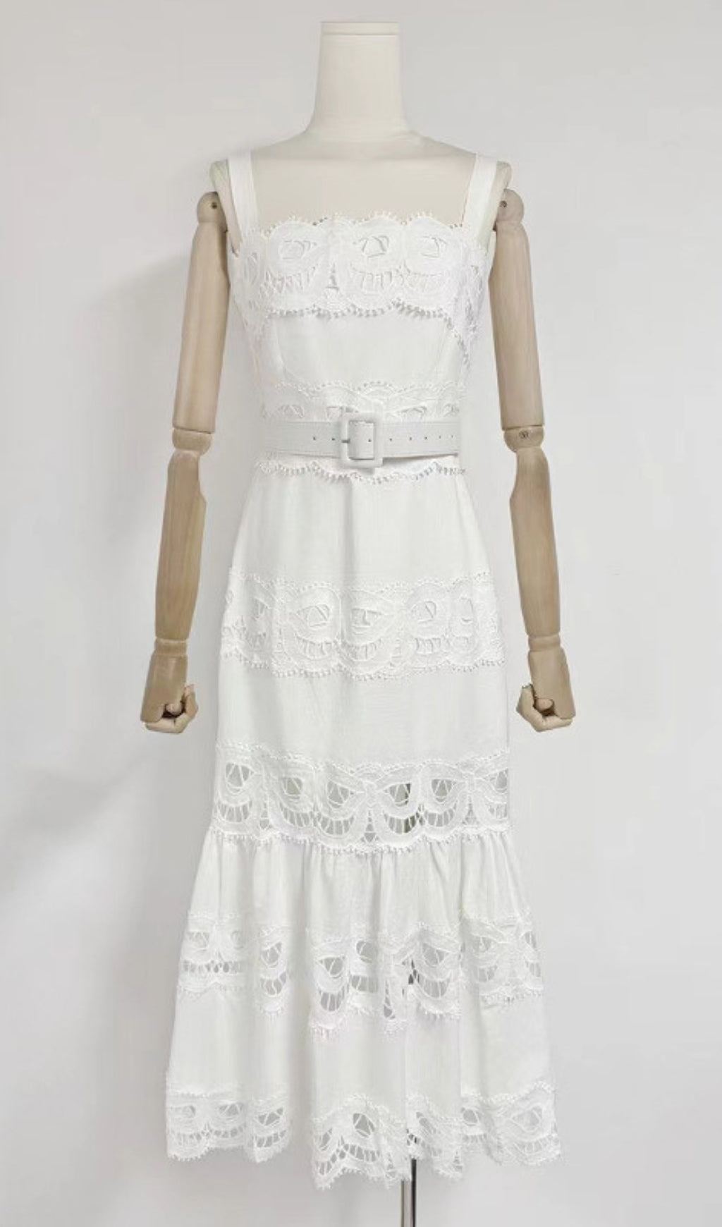 Everly Chic White Embroidered Lace Belted Midi Dress