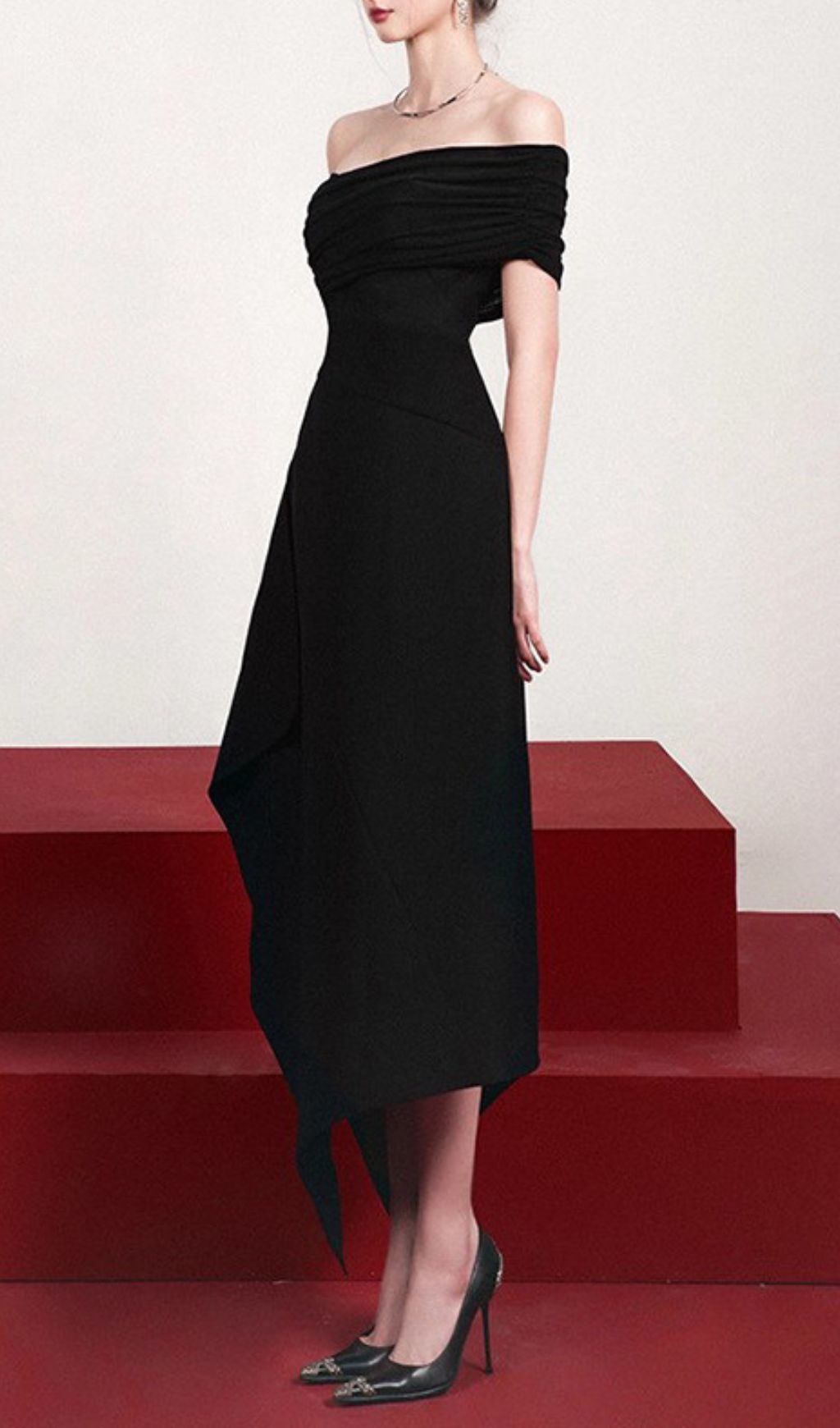 Iris Black Off-Shoulder Asymmetrical Maxi Dress