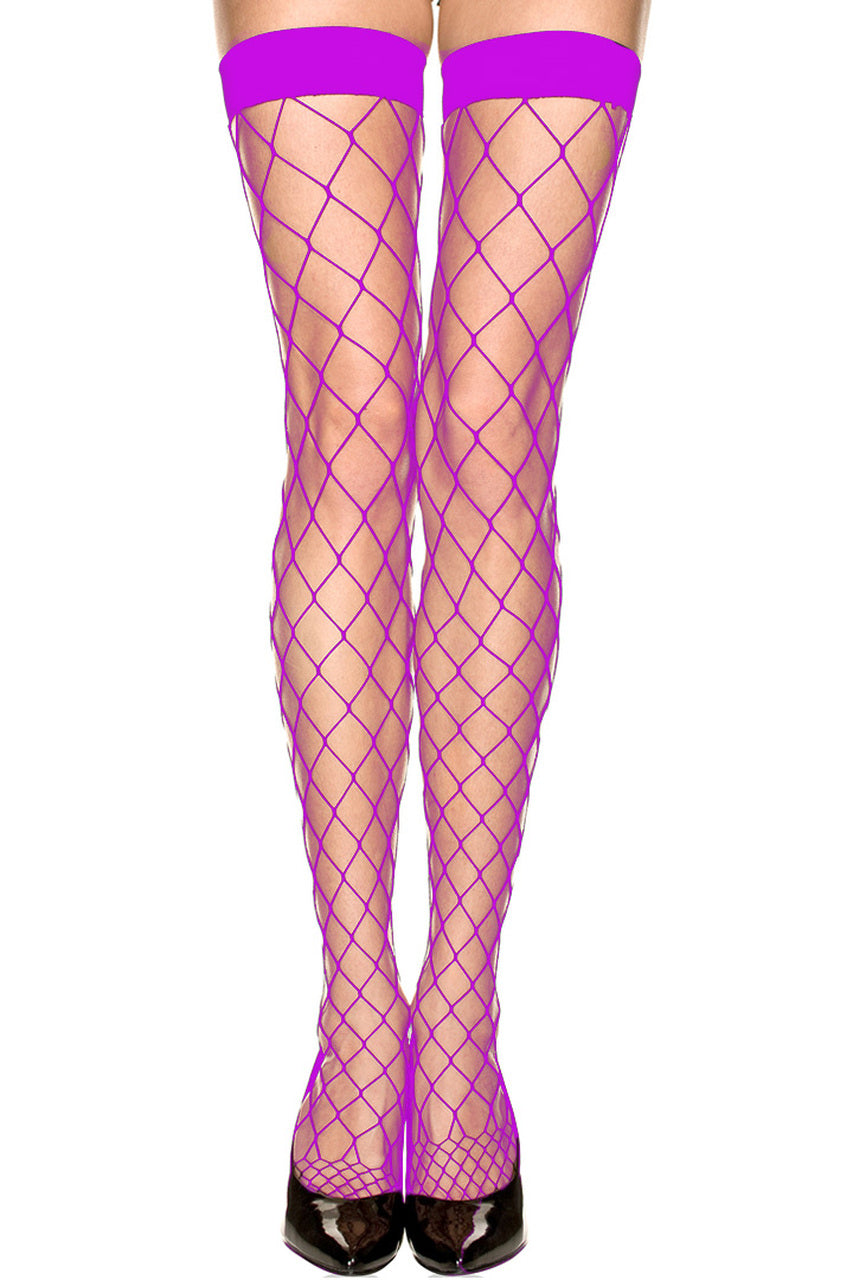 Purple Diamond Net Stockings with Wide Bands