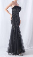 Choire Black Sequin Feather Mermaid Maxi Dress