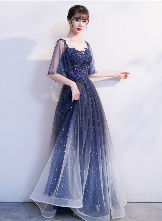 Blue Gradient Long Formal Dress with Puffy Sleeves