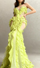 Jaela Yellow Diamante Ruffle Maxi Dress