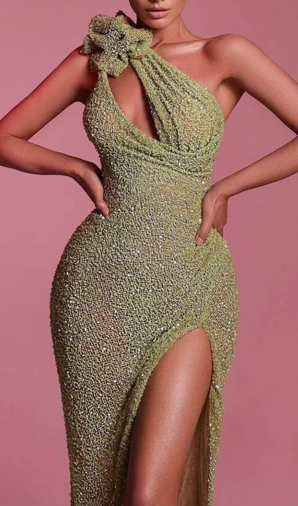 Elegant Green Sequin One-Shoulder Maxi Dress with 3D Floral & High Slit