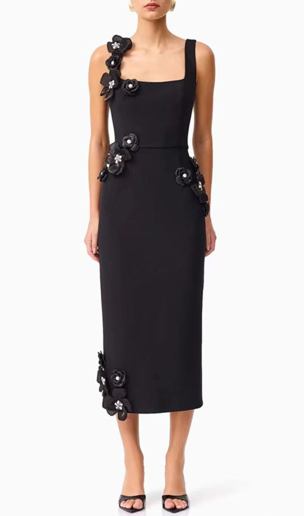 Harper Black Elegant 3D Floral Embellished Midi Dress