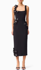 Harper Black Elegant 3D Floral Embellished Midi Dress