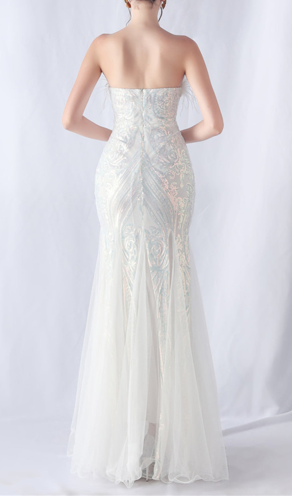 Choire White Sequin Feather Mermaid Maxi Gown