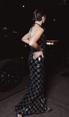 Cirila Glamorous Black & Silver Sequin Halter Maxi Dress
