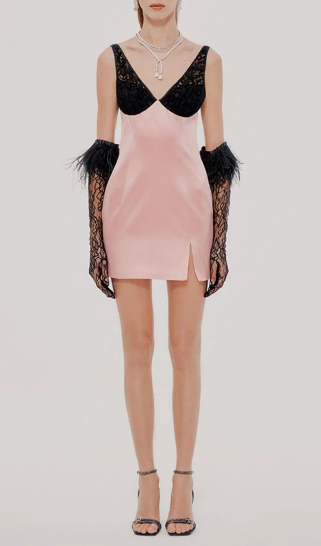 Blush Pink Satin Mini Dress with Chic Lace & Feather Gloves Set