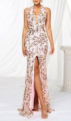 Fiadh Rose Gold Sequin Halter Slit Maxi Dress