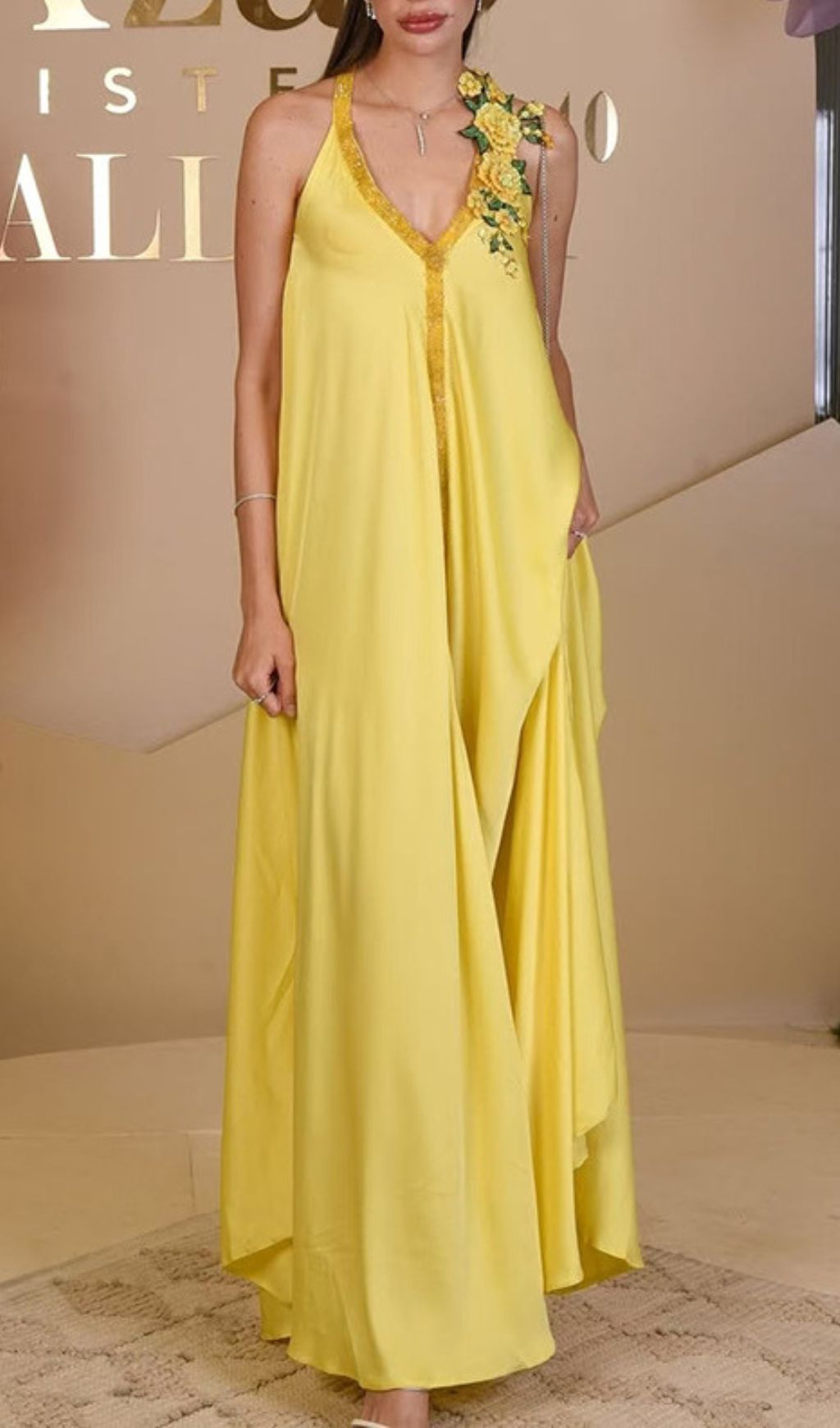 Inge Radiant Yellow Halter Maxi Dress with 3D Floral Appliques