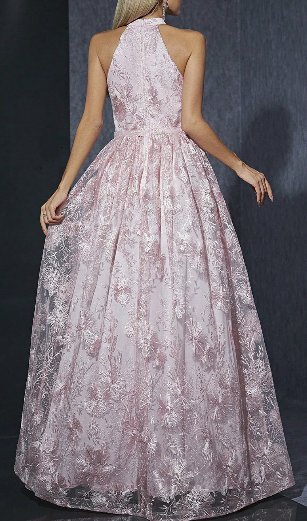 Dolores Elegant Pink Halter Embroidered Maxi Gown