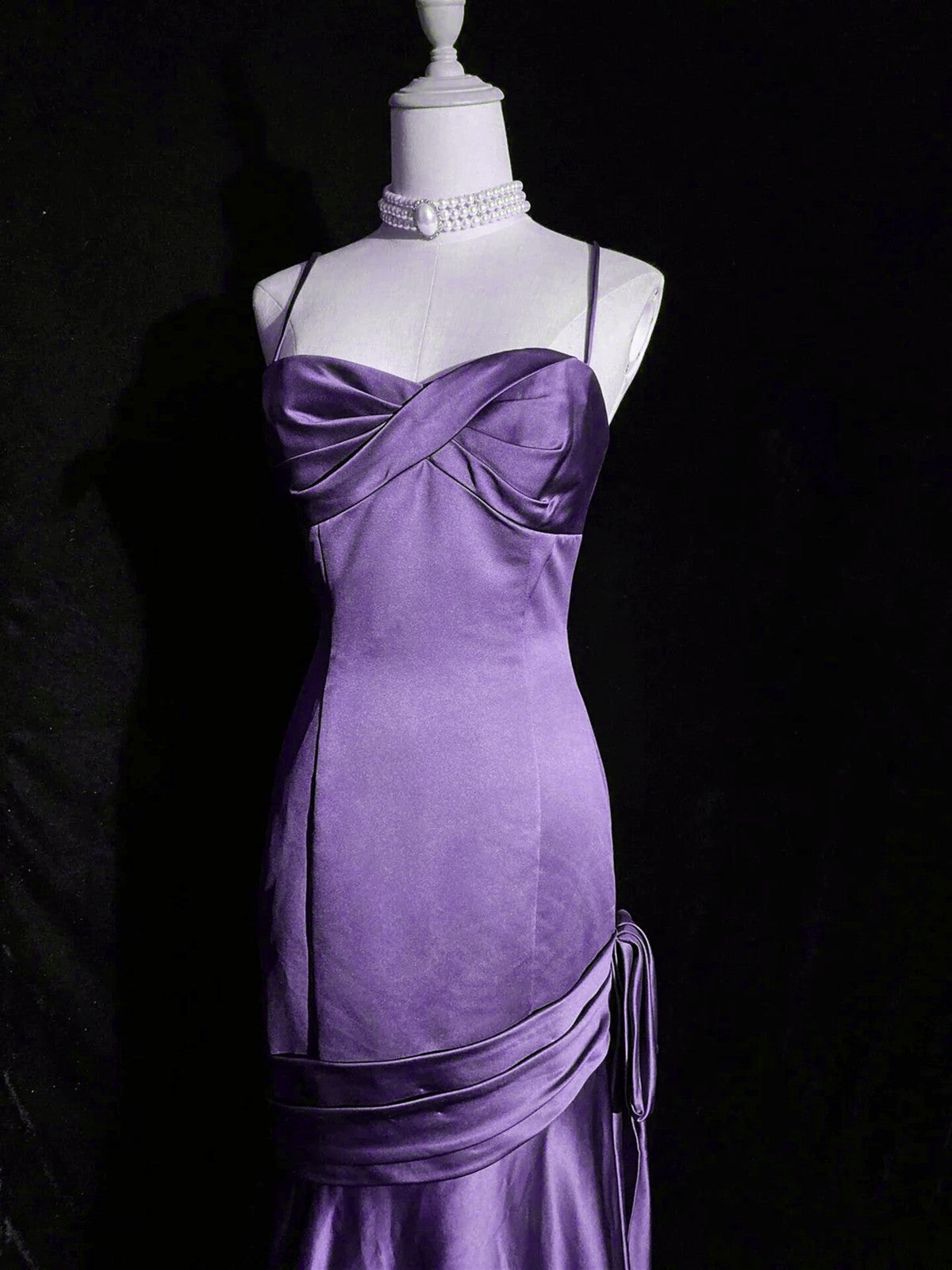 Vestido de noche largo con escote corazón y tirantes de sirena morado, vestido de fiesta de satén morado 