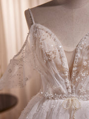 Vestido largo de fiesta de boda de tul con cuentas color marfil y corte A 