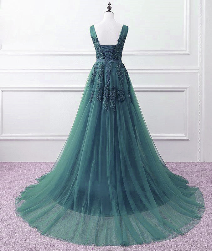 Vestido de fiesta largo de tul verde cazador con escote en V 