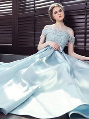 Blue Satin A-line Lace Off Shoulder Floor Length Party Dress