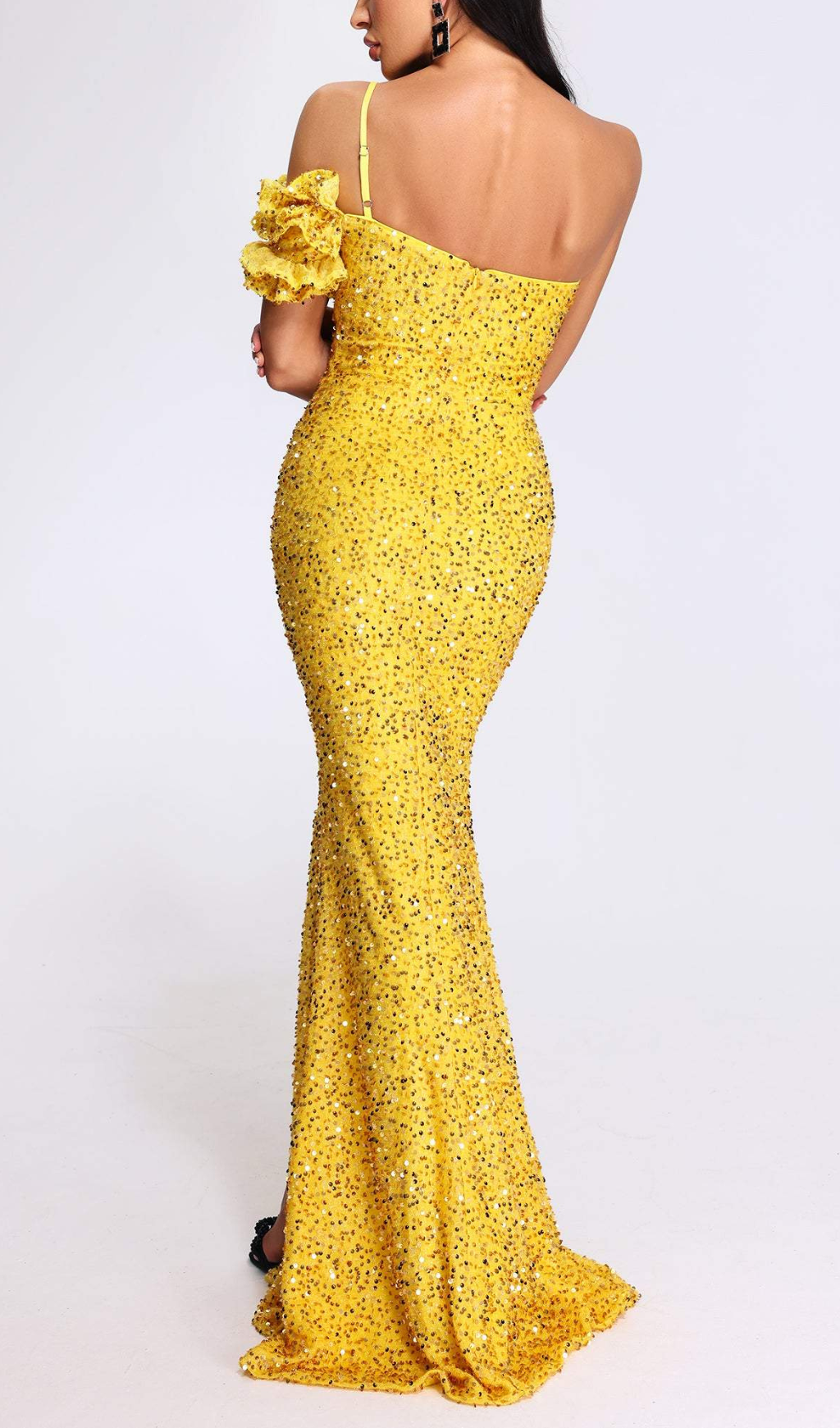 Ayn Dazzling Yellow Sequin One-Shoulder High Slit Maxi Gown