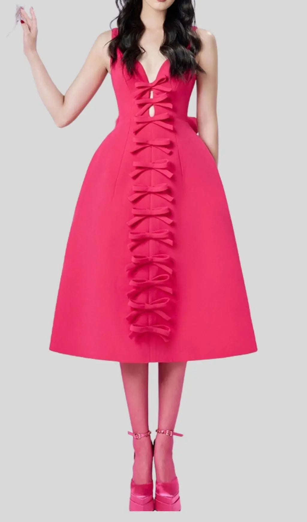 Chic Pink Bow-Front V-Neck A-Line Midi Dress