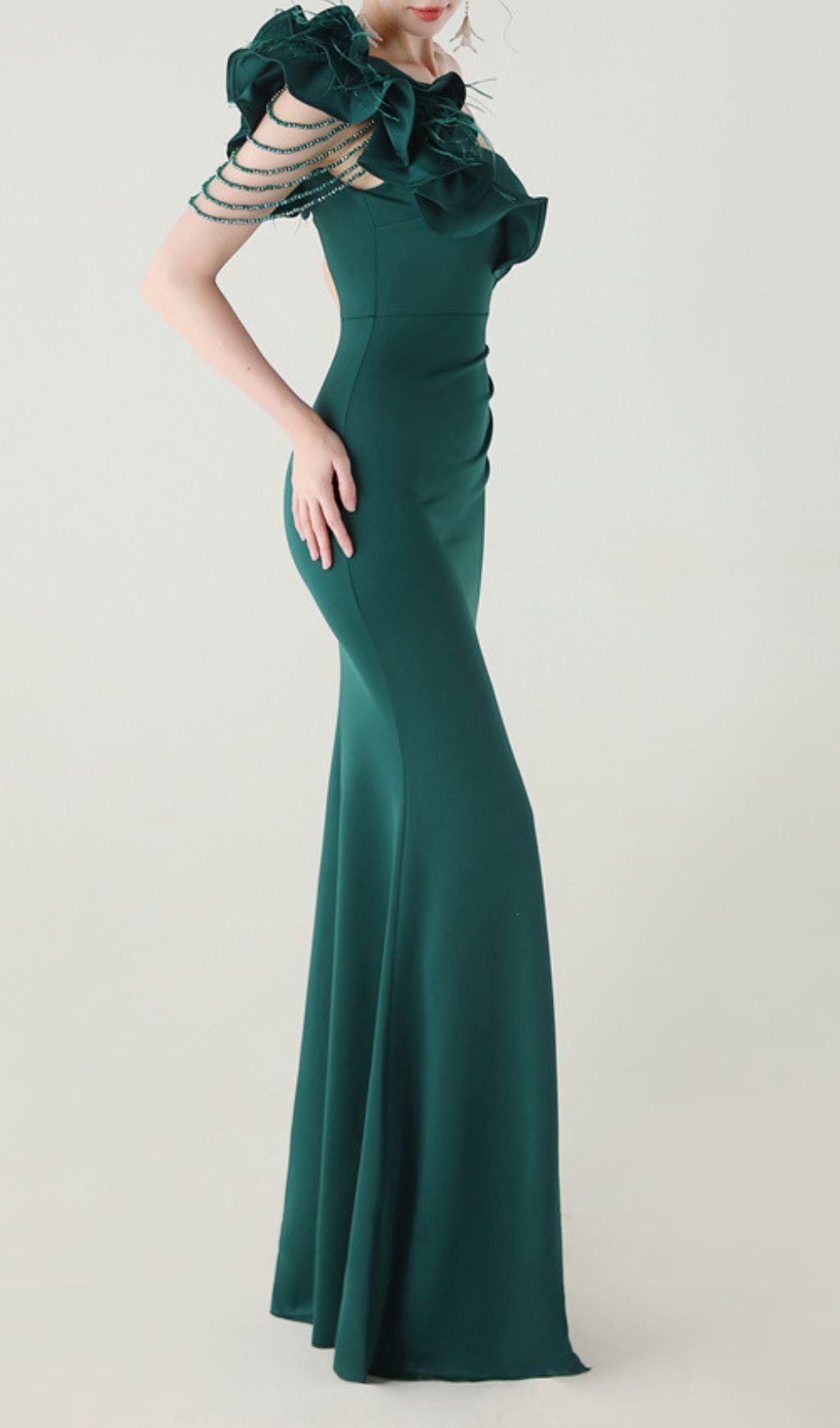 Ijlal Emerald Green One-Shoulder Ruffle Slit Maxi Gown