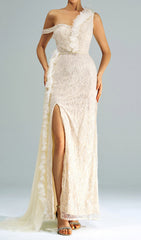 Capella One-Shoulder Ruffle Sequin Maxi Gown with High Slit