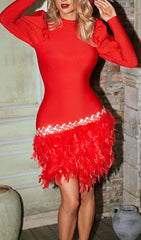 Ayoka Red Crystal Feather Puff Sleeve Bandage Mini Dress