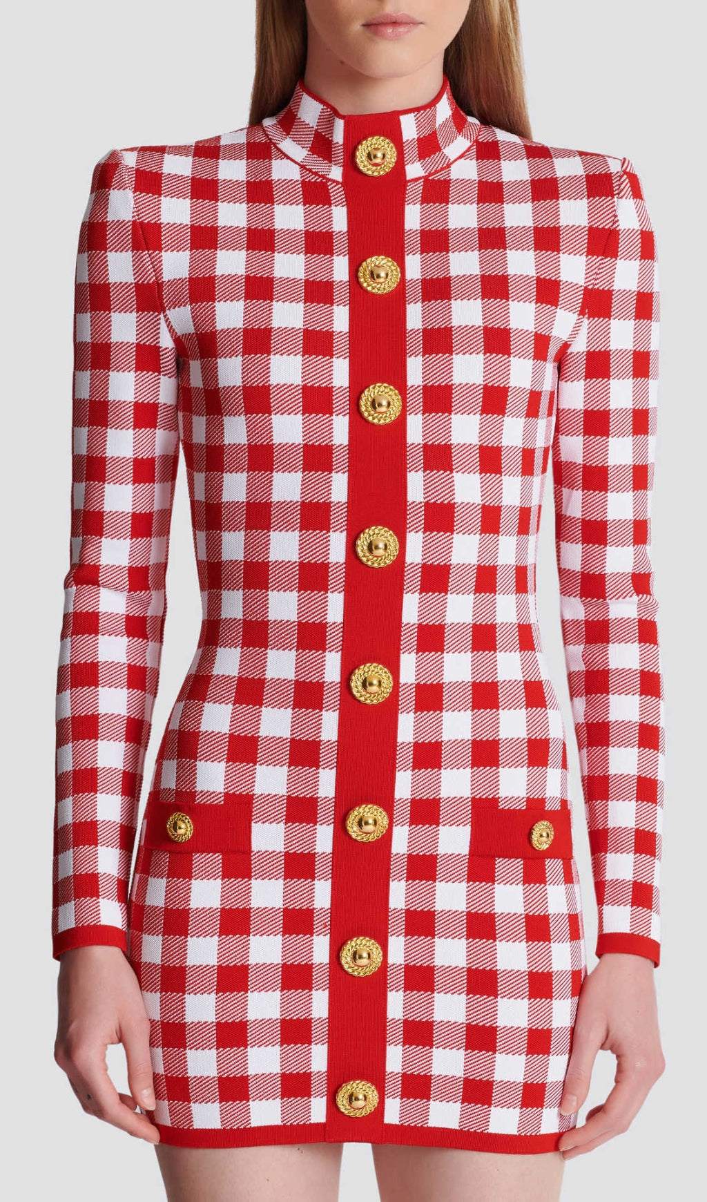 Brantley Chic Red Gingham Gold Button Long Sleeve Mini Dress