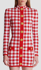 Brantley Chic Red Gingham Gold Button Long Sleeve Mini Dress