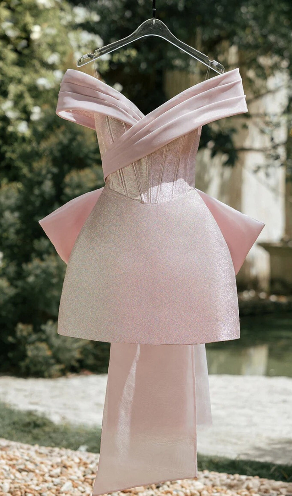 Bernardo Shimmer Pink Corset Off-Shoulder Mini Dress