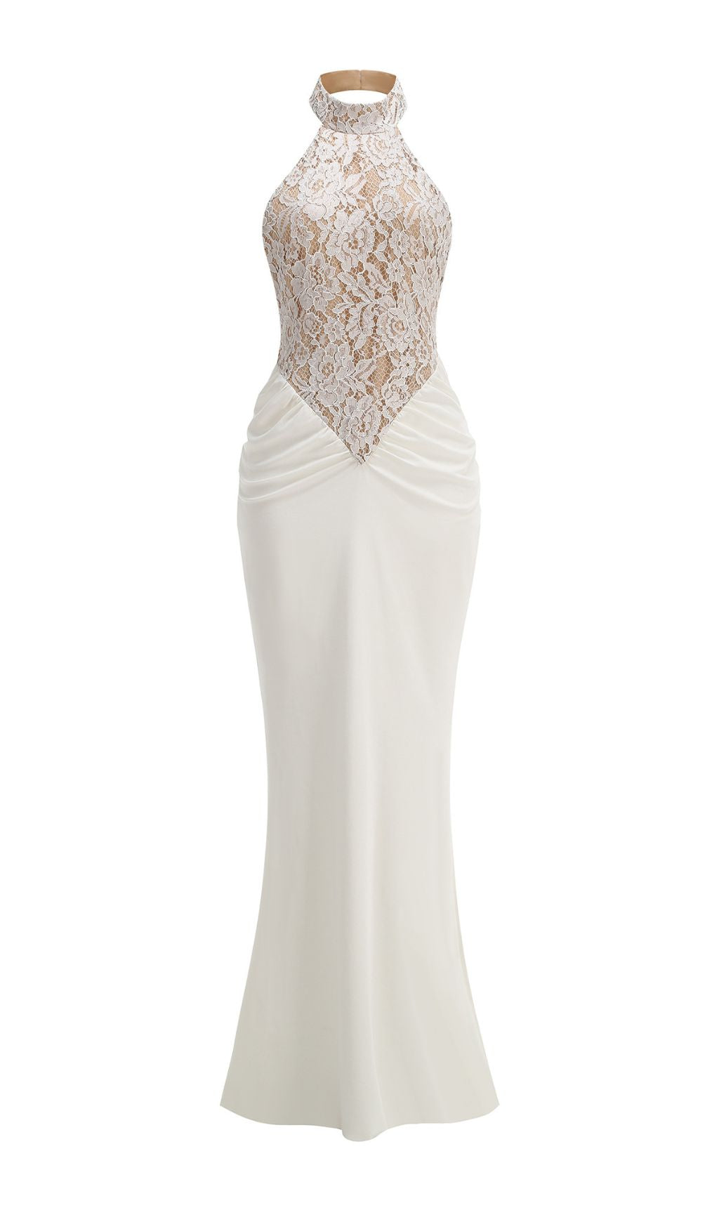 Halina Elegant White Halter Lace Maxi Dress