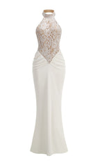 Halina Elegant White Halter Lace Maxi Dress