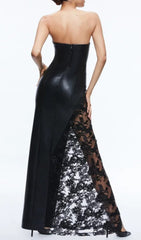 Caley Black Strapless Leather & Sheer Lace Maxi Dress