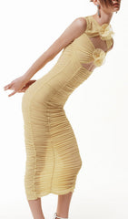 Beverly Yellow Floral Cutout Ruched Midi Dress