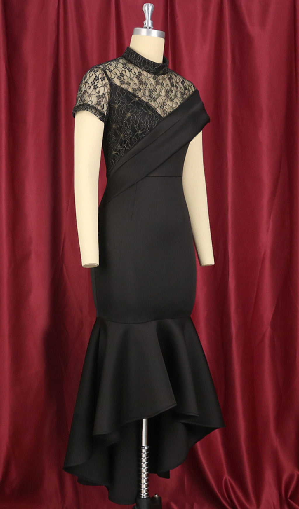 Bader Black Lace Asymmetrical Ruffle Midi Dress