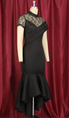 Bader Black Lace Asymmetrical Ruffle Midi Dress