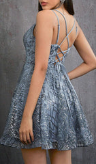 Harumi Luxe Grey Sequin & Floral Embroidery Strappy Mini Dress