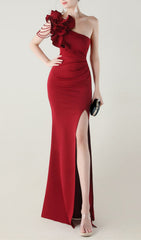 Showstopping Ijlal Red One-Shoulder Ruffle Gown with Beaded Detail & High Slit