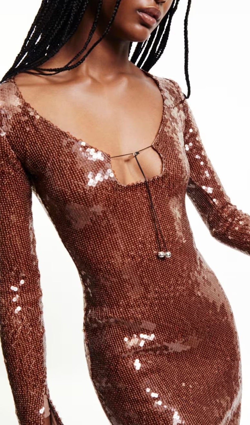 Ardelle Dazzling Brown Sequin Maxi Dress with Keyhole Cut-Out
