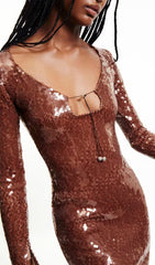 Ardelle Dazzling Brown Sequin Maxi Dress with Keyhole Cut-Out
