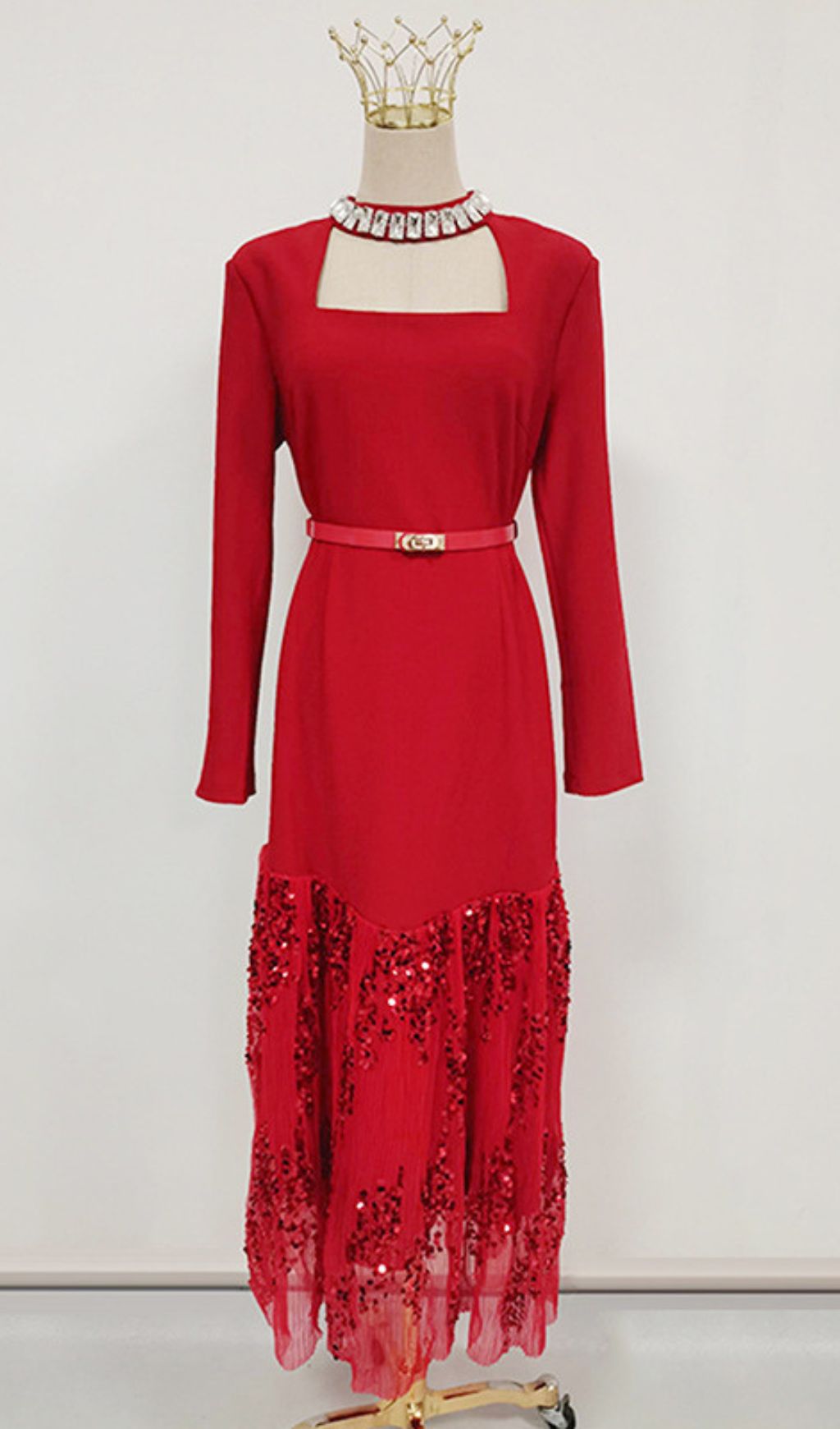 Ioana Glamorous Red Sequin Long Sleeve Maxi Dress